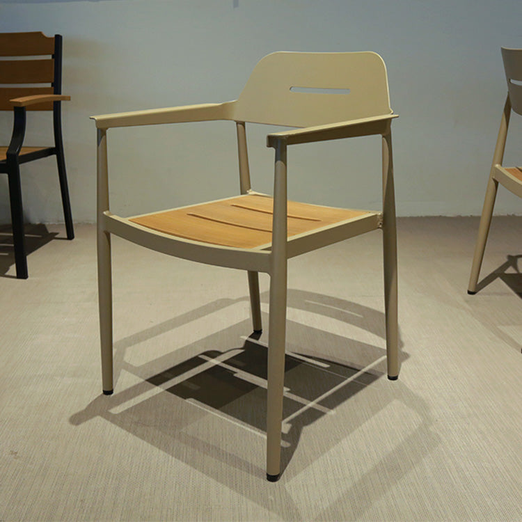 Garden Dining Patio Aluminum Frame Restaurant Wooden Rectangular Table and 6 Stack Chairs