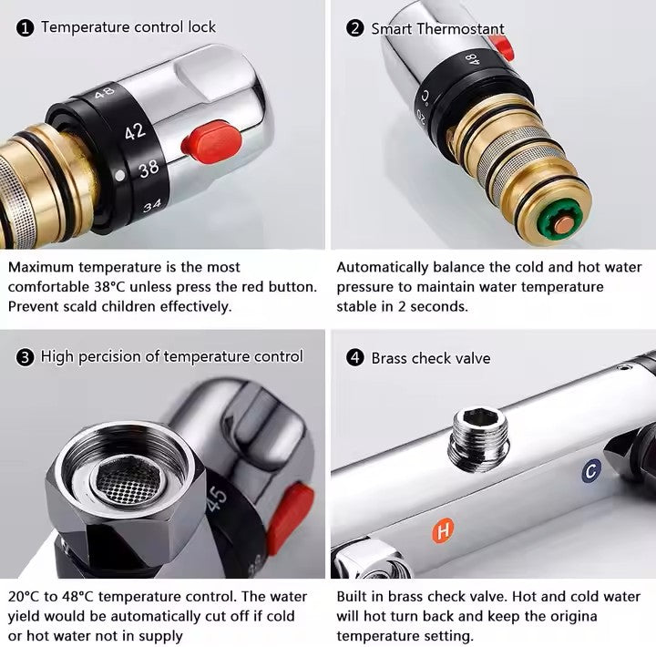 Chrome Thermostatic Shower Mixer, Wall Mounted Shower Mixer Valve Anti Scald Tap, Hot & Cold Water Mixer Intelligent Constant Temperature