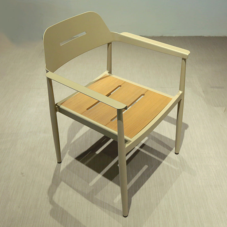 Garden Dining Patio Aluminum Frame Restaurant Wooden Rectangular Table and 6 Stack Chairs