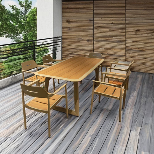 Garden Dining Patio Aluminum Frame Restaurant Wooden Rectangular Table and 6 Stack Chairs