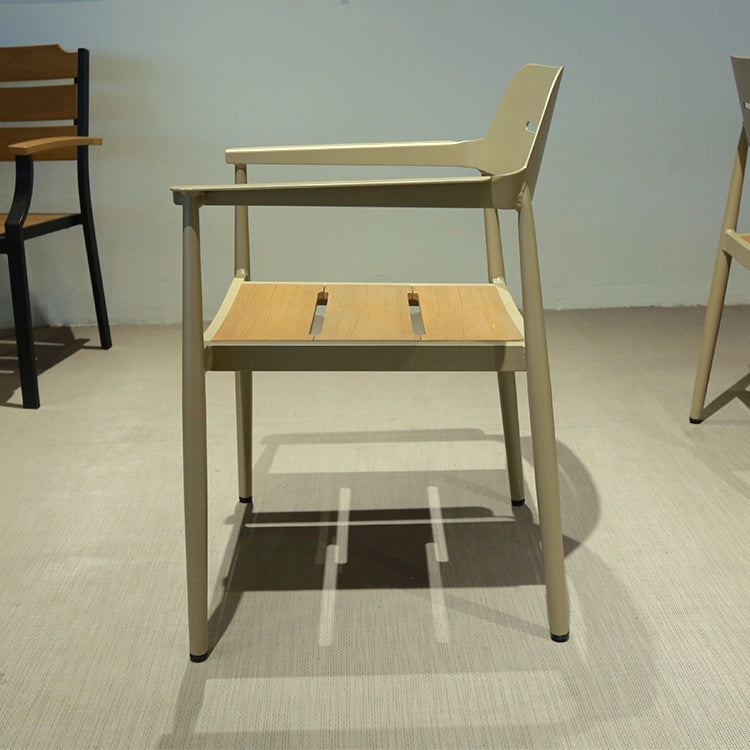 Garden Dining Patio Aluminum Frame Restaurant Wooden Rectangular Table and 6 Stack Chairs